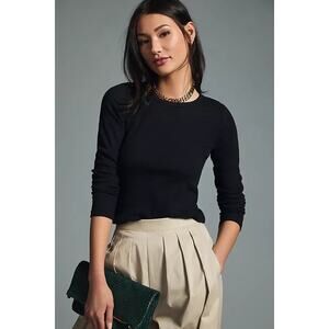 NOWT Anthropologie Stretch Cotton Crew-Neck Long-Sleeve Baby Tee in Black